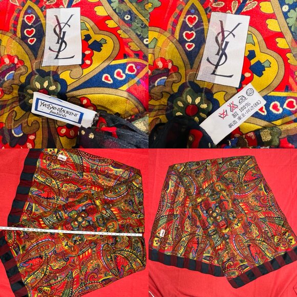 Unused Yves Saint Laurent 100% Silk Chiffon/Satin scarf 68x23 Black Red Flora(32 - Picture 4 of 16